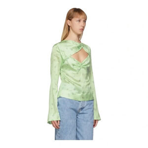 GANNI Cutout Ruched Floral-print Stretch-silk Satin Top In Light Green NWOT